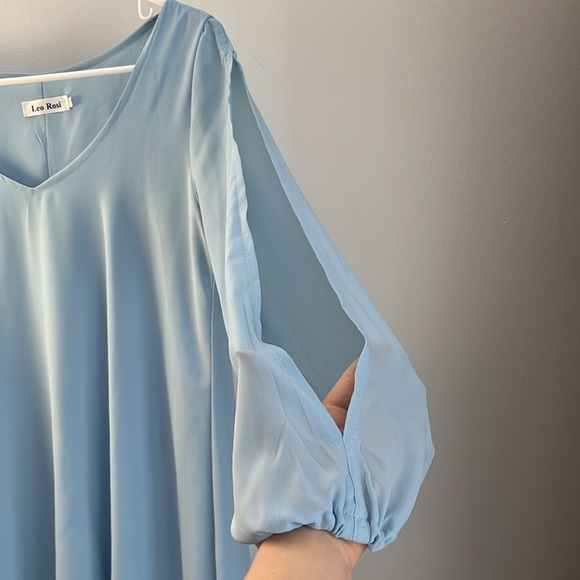 Leo Rosi Powder Blue Flowy Cocktail Dress with Long Sleeve, Slit Sleeves - Picture 2 of 7